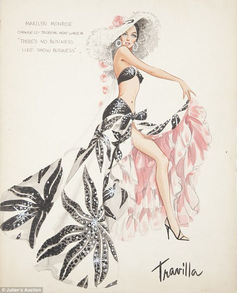 The 'tropical heatwave' scene costume sketch of Monroe for the 1954 film There's No Business like Show business William Travilla, No Business Like Show Business, Marilyn Monroe Costume, Costume Design Sketch, Hollywood Costume, Marilyn Monroe Art, Gentlemen Prefer Blondes, Chique Outfits, Norma Jeane