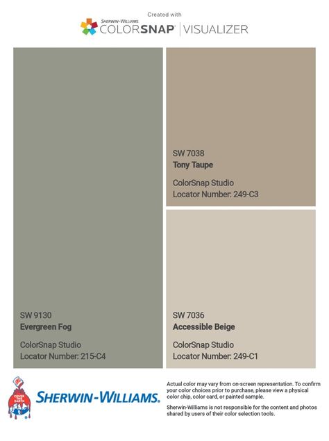 Accessible Beige Sherwin Williams Nursery, Accessible Beige And Green, Dried Thyme Paint Color, Sherwin Williams Accessible Beige Pallet, Accessible Beige Sherwin Williams Exterior, Realist Beige Sherwin Williams, Repose Gray Exterior, Warm Color Palette For Home, Moss Green Color Palette