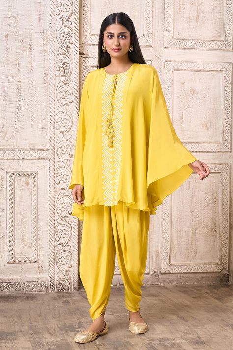 Lime green crepe embroidered cape with flared sleeves and dhoti pant set Dhoti Pants Outfit, Green Cape, Haldi Dress, Embroidered Cape, Salwar Pants, Dhoti Pants, Cotton Kaftan, Suits Design, Embroidery Suits Design