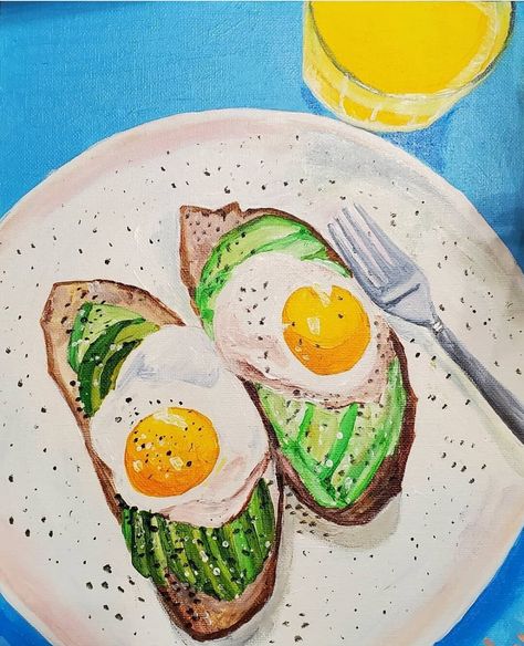 Toast With Avocado, Avocado Painting, Breakfast Toast, Fried Eggs, Egg Painting, Painted Plates, Oct 1, Fried Egg, Canvas Board