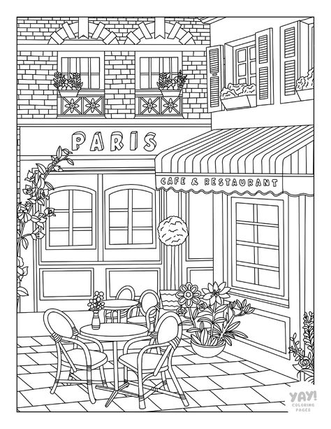 Paris cafe outdoor scene Aesthetic Colouring Sheets, Colouring Sheets Aesthetic, Colouring Pages For Adults Easy, Aesthetic Coloring Pages Free Printable, Aesthetic Coloring Sheets, Procreate Aesthetic, Coloring Sheets For Adults, Aesthetic Coloring Pages, Zicxa Photos