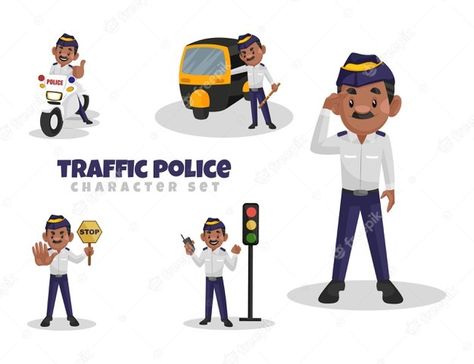 Premium Vector | Cartoon illustration of traffic police character set Indian Traffic, Red Traffic Light, Road Traffic Signs, Premium Vector Cartoon, Traffic Police, Jungle Scene, Illustration Story, Urban Road, Sign Mockup