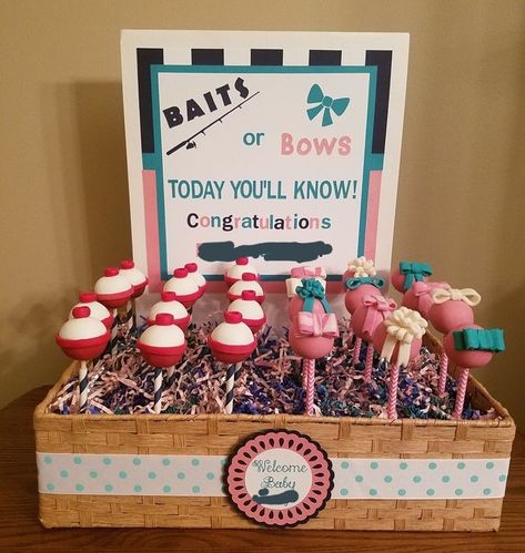 Baits Or Bows Gender Reveal Decorations, Bows Or Bobbers, Bobber Or Bows Gender Reveal, Baits And Bows Gender Reveal, Fishing Baby Gender Reveal Ideas, Fishing Gender Reveal Decorations, Bait Or Bows Gender Reveal Ideas, Bobbers And Bows Gender Reveal, Fishing Theme Gender Reveal Ideas