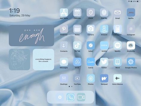 Blue Ipad Asthetic, Decorate Ipad Homescreen, Aesthetic Ipad Setup Blue, Ipad Asthetic Homescreen, I Pad Home Screen, Ipad Set Up Ideas Homescreen, Iphone Icones, Widgets Theme, Best Free Ipad Apps