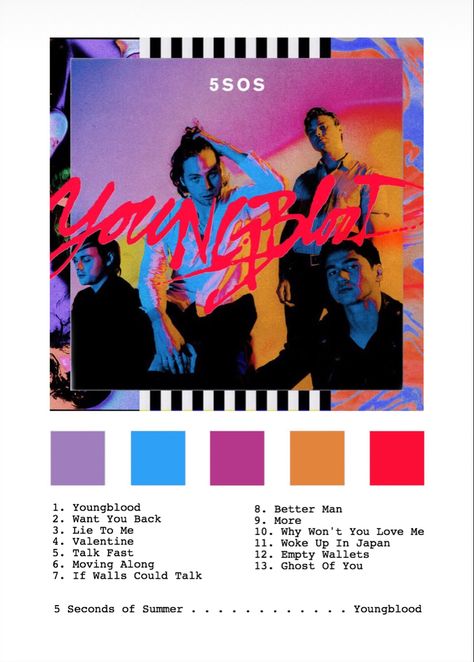 #5sos #musicposter 5sos Album Cover, Youngblood 5sos, 5sos Album, 5sos Wallpaper, Calm Color Palette, Ghost Of You, Music Poster Design, 1d And 5sos, Lie To Me