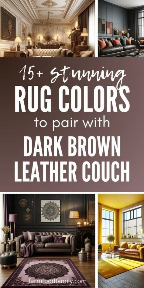 15+ Amazing Rug Colors to Pair with Your Dark Brown Leather Couch 91 Rug With Leather Couch Dark Brown, Brown Leather Sofa Living Room Ideas Color Schemes, Dark Leather Sectional Living Room Decor, Rug With Dark Brown Leather Couch, Rugs To Match Brown Leather Couch, Rugs With Brown Leather Couch, Dark Brown Couches Living Room Decor, Brown Leather Couch Living Room Ideas, Dark Brown Leather Living Room