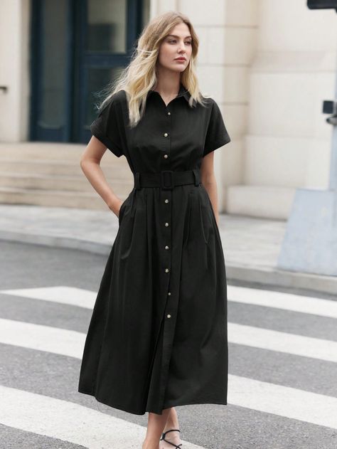 Women Summer Solid Color Short Sleeve Pocket Waisted Casual Shirt Dress Black Casual  Short Sleeve Woven Fabric Plain Shirt Non-Stretch  Women Clothing, size features are:Bust: ,Length: ,Sleeve Length: Casual Black Dress, Printed Sleeveless Top, Plain Shirts, Elegant Dresses Long, Black Dresses Casual, Vestido Casual, Black Shirt Dress, Women Long Dresses, Color Shorts