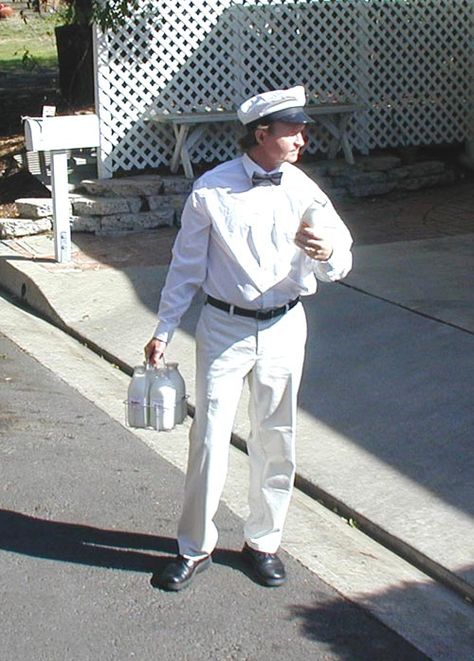 milkman costume - Google Search Milkman Costume, Costumes 2023, Beach Studio, Milk Delivery, Milk Man, Contemporary Vintage, Spring Chicken, Laguna Beach California, Halloween Costumes Friends