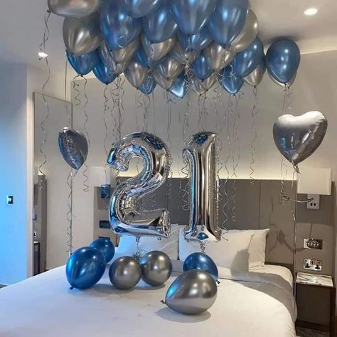 Decorations For Birthday Men, Blue And Grey Birthday Party Decorations, 21st Bday Decorations Blue, 21st Birthday Balloon Ideas For Guys, Silver And Blue Decorations Party, 21st Birthday Ideas For Guys Decorations Decor, Decorating For His Birthday, Blue Silver Birthday Decorations, 21st Birthday Ideas Blue And Silver