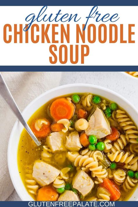 An easy recipe for gluten free chicken noodle soup that uses everyday ingredients. This gluten free chicken noodle soup recipe is ready in under 30 minutes, uses fresh and simple ingredients, and I've included instructions for a grain-free paleo version. Gluten Free Noodle Soup, Gluten Free Chicken Soup, Gluten Free Chicken Noodle Soup, Soup Paleo, Chicken Noodle Soup Recipe, Noodle Soup Recipe, Carrots Celery, Gluten Free Noodles, Hearty Soup