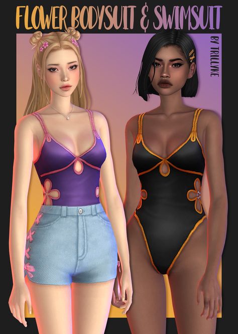 Flower Bodysuit and Swimsuit | Patreon Sims 4 Maxis Match Swimwear, Trillyke Sims 4 Cc, Flower Bodysuit, Flower Cutout, Pelo Sims, Sims 4 Mm Cc, Tumblr Sims 4, Sims 4 Cc Folder, Sims 4 Gameplay