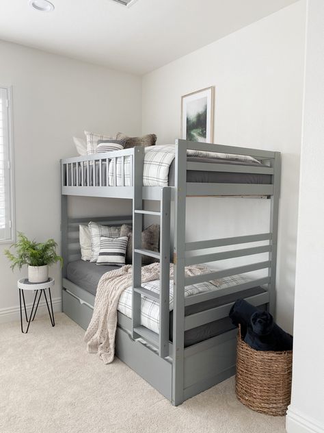 Bunk Beds for the Win - A Thoughtful Place Gray Bunk Beds Room Ideas, Boys Bunk Bedroom Ideas, Boys Bunk Beds Room Ideas, Bunk Bed Rooms Decor Aesthetic, Bunk Beds Room Ideas, Bunk Bed Rooms Decor, Boys Sports Bedroom, Bunk Bed Room Ideas, Grey Bunk Beds