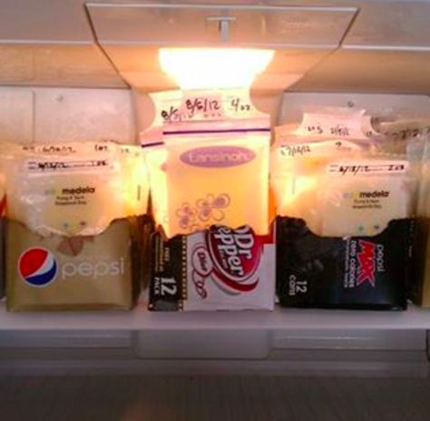 This mom who uses 12-pack soda boxes to separate breast milk. | 15 Moms Whose Weird Ideas Might Just Be Genius Storing Breastmilk In Freezer, Breastmilk Freezer Storage, Soda Fridge, Freezing Breastmilk, Storing Breastmilk, Breast Milk Storage, Milk Storage Bags, Milk Storage, Storage Idea