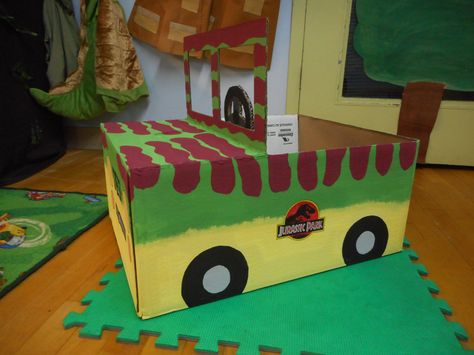 Dinosaur/Jurassic Park Dramatic Play -DIY Jurassic Park Jeep Jurassic Park Dramatic Play, Jurassic Park Diy Decorations, Jurassic World Valentines Boxes, Jurassic Park Valentine Boxes, Jeep Crafts, Work Accomplishments, Dramatic Play Diy, Dinosaur Jurassic Park, Jurassic Park Jeep