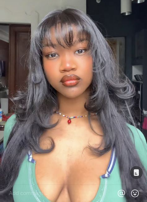 Latisha Wig With Bangs, Grunge Hairstyles Black Women, Blowout With Bangs Black Women, Full Face Bangs, 90s Bangs Black Women, Side Swept Bangs Black Women, Layered Bob With Bangs Black Women, Relaxed Hair Bangs, Layered Hair With Bangs Black Women