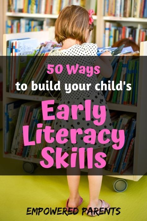 Would you like to build your child's early reading skills? Here are 50 simple early literacy activities and games for toddlers, preschool and kindergarten kids. These ideas from Empowered Parents will help guide parents with their kids' early literacy development. #kids #kidsactivities #learning #preschool #kindergarten Early Literacy Activities Preschool, Preschool Language Activities, Language Activities Preschool, Literacy Activities Preschool, Pre Reading Activities, Early Literacy Activities, Preschool Language, Early Reading Skills, Kindergarten Readiness