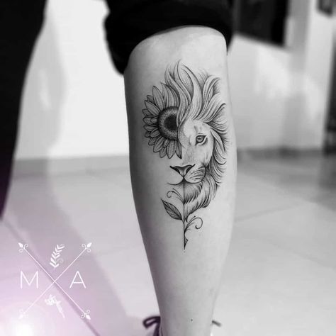 Women Leg Sleeve Tattoo, Women Leg Sleeve Tattoo Ideas, Women Leg Sleeve, Leg Sleeve Tattoo Ideas, Flower Leg Tattoo, Lion Tattoo Girls, Lion Leg Tattoo, Lion And Sun, Tattoo Ideas Women