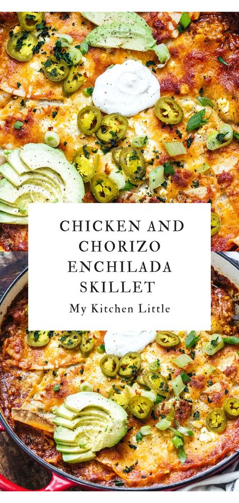 This Super Easy Chicken and Chorizo Enchilada Skillet is a perfect Tex Mex recipe that makes for a killer one-pan dinner and also happens to be a 30-minute meal. Grab our ultimate chicken enchilada skillet recipe over on the blog. #enchiladaskillet #chickenenchilada #chorizo Enchilada Skillet Recipe, Chorizo Dinner, Chorizo Recipes Dinner, Dinner Skillet, Enchilada Skillet, Chicken Enchilada Skillet, Chicken And Chorizo, Chicken Chorizo, Chorizo Recipes