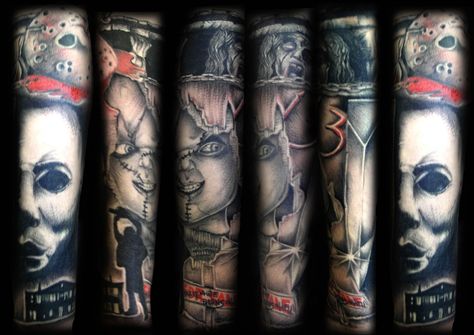 https://flic.kr/p/e4usKW | Horror film sleeve by Ray Tutty | Horror Film tattoo, half Sleeve by Ray Tutty Horror Film Tattoo, Scary Tattoo Designs, Film Tattoo, Tattoo Half Sleeve, Tattoo Nightmares, Tattoo Leggings, Horror Movie Tattoos, Movie Tattoos, Men Tattoos Arm Sleeve