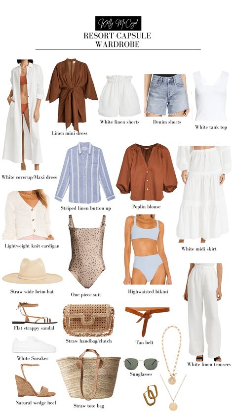 Resort Capsule Wardrobe, Outfits For Mexico Vacation, Beach Holiday Outfits, Spring Summer Capsule Wardrobe, Outfits For Mexico, Capsule Wardrobe Outfits, Fashion Capsule Wardrobe, Resort Outfit, Winter Capsule Wardrobe