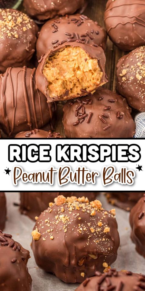 These Rice Krispie Peanut Butter Balls are a sweet and salty no-bake treat that's made with only 6 ingredients in just 45 minutes! Great for potlucks and cookie trays! Rice Krispie Peanut Butter Balls Recipe, Krispie Peanut Butter Balls, Rice Krispie Peanut Butter Balls, Rice Krispies Peanut Butter, Rice Krispie Peanut Butter, Rice Krispies Cereal, Peanut Butter Balls Recipe, Butter Balls, Butter Rice