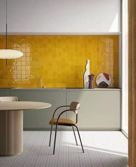 Kitchen Tile Interior, Yellow Kitchen Tiles, Mustard Kitchen, Wooden Dining Furniture, Yellow Tiles, Yellow Kitchen Designs, Yellow Tile, 아파트 인테리어, Yellow Kitchen