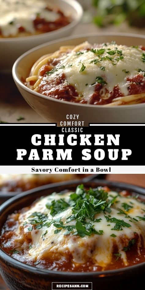 When I crave something comforting, this Chicken Parm Soup is my go-to! Packed with tender chicken, rich marinara, and topped with gooey cheese, it's like enjoying my favorite chicken parmesan in bowl form. Perfect for chilly nights! Creamy Chicken Parm Soup, Crockpot Chicken Parmesan Soup, Chicken Parm Soup Recipe, Chicken Parm Soup, Parm Soup, Thai Soup Recipes Coconut, Chicken Parmesan Soup, Coconut Soup Recipes, Crockpot Chicken Parmesan