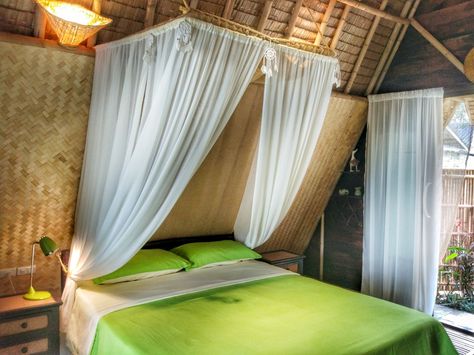 Pretty and comfy bed with Bali style mosquito net at Seaview A-frame Eco Bamboo Bungalow.  Koh phangan island,  Thailand. Eco Bungalow, Bamboo Bungalow, Bamboo Bed, Koh Phangan, Bamboo Bedding, Bali Style, Bali Fashion, Comfy Bed, Mosquito Net