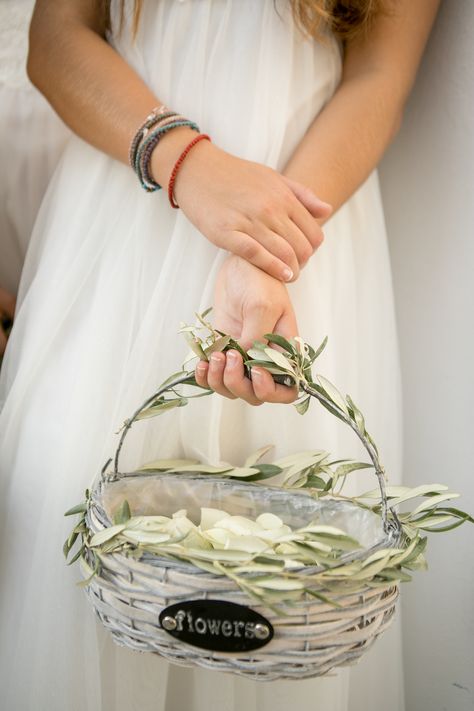 Flower girl basket, rustic, greek summer wedding, olive branches, confetti, flower girls, wedding favours Flower Girls Wedding, Flower Girl Basket Rustic, Greek Summer, Olive Leaves, Olive Branches, Greek Wedding, Flower Girl Basket, Flower Branch, Olive Branch