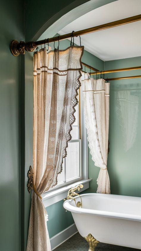 This image showcases a charming vintage-style bathroom, with a mix of modern and traditional elements. The space is filled with natural light, highlighting the beautiful tile flooring and intricate details on the walls and fixtures. The antique vanity adds a touch of elegance, while the sleek shower and bathtub provide a contemporary feel. The overall aesthetic is warm, inviting, and full of character, making it the perfect space to relax and unwind in luxury. Bathtub Curtain Ideas, Shower Curtain Small Bathroom, Bathroom Curtain Ideas, Vintage Bathroom Inspiration, Country Cottage Bathroom, Cottage Showers, Beautiful Tile Floor, Shower And Bathtub, Vintage Style Bathroom