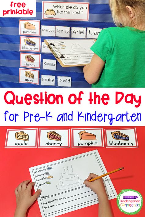 Free Question of the Day for Pre-K & Kindergarten Kindergarten Small Groups, Preschool Circle Time Activities, Questions Of The Day, Pocket Chart Activities, Kindergarten Songs, Kindergarten Freebies, Thanksgiving Pie, Preschool Circle Time, Diy Preschool