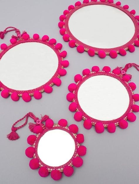 Decorated Mirror Diy, Decorated Mirrors, Decorated Mirror, Diy Mirrors, Bohemian Mirror, Kundan Rangoli, Bohemia Design, Pink Pom Poms, Wall Mirror Diy