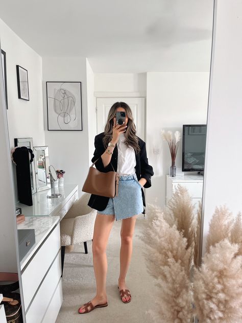 Short wrap denim skort with a … curated on LTK Skort Denim Outfit, Denim Outfit Winter, Skort Denim, Skort Outfit, Denim Skort, Tan Bag, Tan Sandals, Oversized Blazer, Denim Outfit