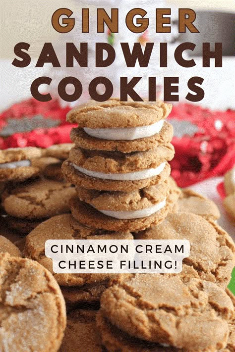 Soft Ginger Sandwich Cookies - Joyful Momma's Kitchen Ginger Cookies With Cream Cheese Filling, Ginger Cheesecake Cookies, Food Enchiladas, Cookies With Cinnamon, Sandwich Cookies Filling, Classic Christmas Cookies, Christmas Cookie Exchange Recipes, Cookie Exchange Recipes, Cinnamon Cream Cheese