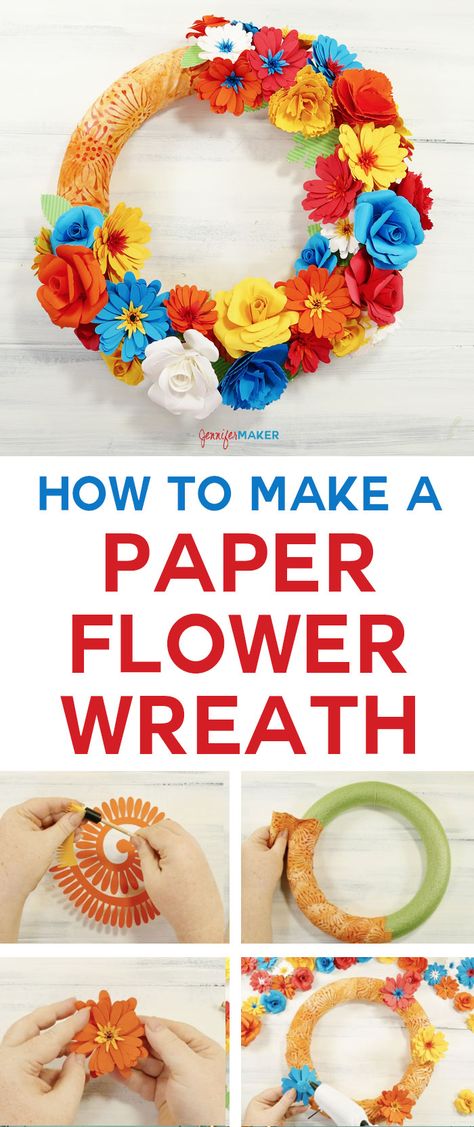 Paper Flower Wreath | Cricut Explore | Handmade Paper Flowers | Easy Home Decor | DIY Easy Home Decor Diy, Paper Flowers Easy, Make A Paper Flower, Paper Flower Wreath, Rolled Flowers, Paper Flower Wreaths, Flowers Easy, Paper Daisy, Flowers Craft