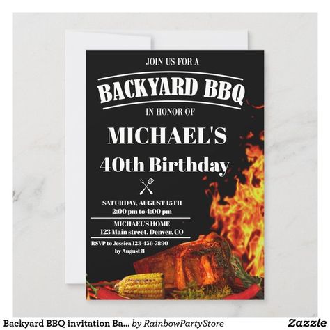 BBQ birthday invitation Backyard BBQ invitation Barbeque invitation Barbeque birthday invitation. Invite your friends with this cute realistic tasty BBQ theme invitation! This man birthday invitation features roated piece of meat, vegetables and red fire. Simply edit this easy to use template in Personalizing menu to make it special. Man Birthday Invitation, Barbeque Invitations, Backyard Movie Party, Bbq Theme, Bbq Birthday, Bbq Party Invitations, Backyard Bbq Party, Birthday Bbq, Halloween Birthday Invitations