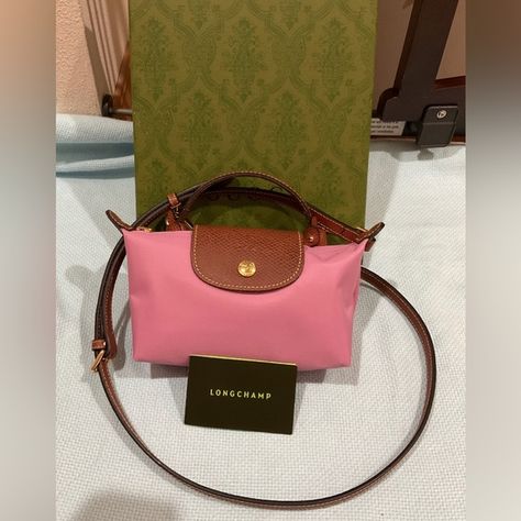 Longchamp Mini Pouch With Handle in Pink + Crossbody Conversion Kit Mini Longchamp Bag, Longchamp Le Pliage Mini, Longchamp Mini Le Pliage, Longchamp Backpack, Longchamp Tote Bag, Longchamp Leather, Longchamp Mini, Longchamp Bag, Longchamp Bags