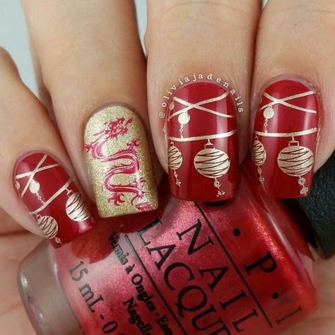 Lunar New Year Nails Dragon, Chinese New Year Nail Art, Chinese Nails Designs, Chinese New Year Nails, Lunar New Year Nails, Chinese New Year Nail, Dragon Nail Art, New Year Nail Art, Chinese Nails