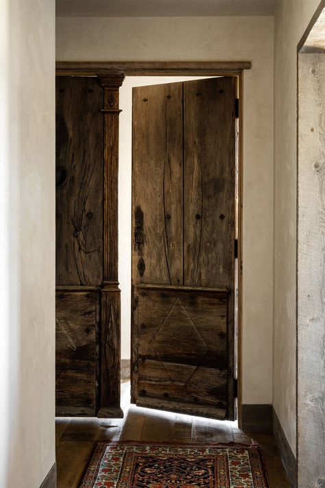 Gallatin Gateway Ranch | Abby Hetherington Interiors Eclectic Western, Wooden Double Doors, Western Interior, Ranch Cabin, Mountain Home Exterior, Western Montana, Double Doors Interior, Doors Wooden, Internal Door