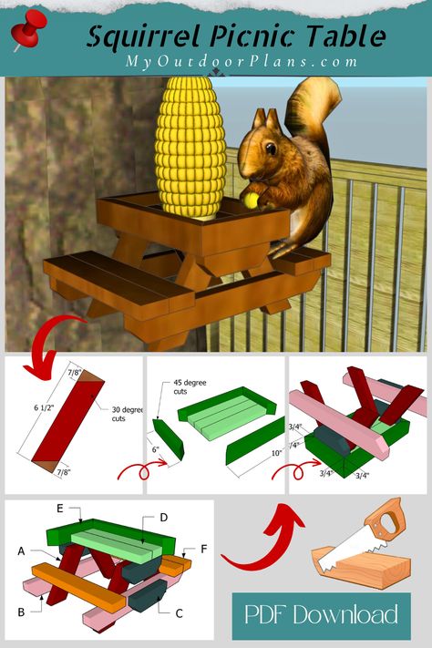 Squirrel Picnic Table – Free Plans | MyOutdoorPlans Squirrel Feeder Picnic Table, Wood Projects Outdoor, Squirrel Picnic Table Feeder, Squirrel Table, Squirrel Picnic Table, Goat Shelter, Bird Feeder Plans, Picnic Table Plans, Cute Critters