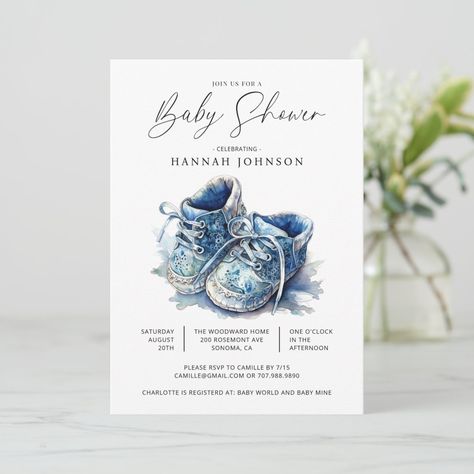 Blue Baby Shoes, Watercolor Minimal, Blue Baby Shower Invitations, Boy Shower Invitations, White Baby Showers, Baby Mine, Minimalist Baby, Baby Shower Guest Book, Modern Watercolor