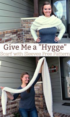 Two Sided Crochet Blanket Free Pattern, Give Me A Hygge Scarf, Scarves With Sleeves, Chunky Shrug Crochet Pattern, Snowfall Sweater Scarf Crochet Pattern, Snowfall Sweater Scarf Pattern Free, Sleeve Shawl Free Pattern, Hygge Crochet Patterns Free, Hygge Scarf Crochet Pattern