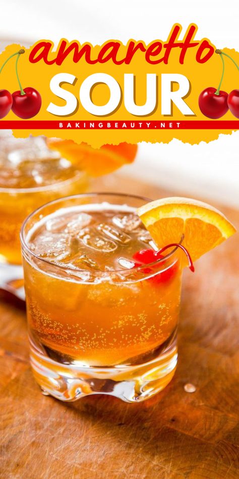 This amaretto sour cocktail is almost effortless and only requires 3 common ingredients. It is bright, refreshing, and perfect for parties. Amerreto Sour Recipes, Amaretto Drinks Recipes, Amaretto Sour Recipe, Amaretto Drinks, Amaretto Sour Cocktail, Sour Drink, Easy Alcoholic Drinks, Amaretto Sour, Fun Drinks Alcohol