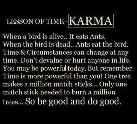 Lessons of time - Karma When a bird is alive.. It eats ants.  When the bird is dead.. The ants eat the bird.  Time & Circumstances can change at any moment.  Don't devalue or hurt anyone in life.  You may be powerful today.  But remember.  Time is more powerful than you!  One tree makes a million match sticks... Only one match stick is needed to burn a million trees... So be good and do good. It Goes On, Good Advice, The Words, Great Quotes, Inspirational Words, Wise Words, Life Lessons, Favorite Quotes, Quotes To Live By