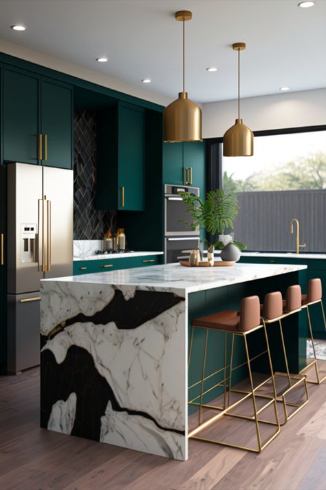 Emerald Green Kitchen Walls, Green Contemporary Kitchen, Emerald Green Kitchen Cabinets, Emerald Green Kitchen, Kitchen With Green Cabinets, Emerald Kitchen, Counter Backsplash, Golden Kitchen, Green Kitchen Designs