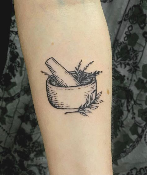 Healer Tattoo Ideas, Mortar And Pestle Tattoo, Tea Leaf Tattoo, Herbology Tattoo, Herbalist Tattoo, Tea Leaves Tattoo, Healer Tattoo, Potion Bottle Tattoo, Tattoo Leaf