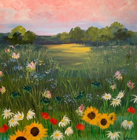 Fearless Friday, Wild Flower Field | The Painted Apron Easy Nature Paintings, Boho Canvas Art, Dreamy Flowers, Field Paint, Grass Painting, Modern Art Canvas Painting, Wild Flower Meadow, Field Landscape, Canvas Painting Designs