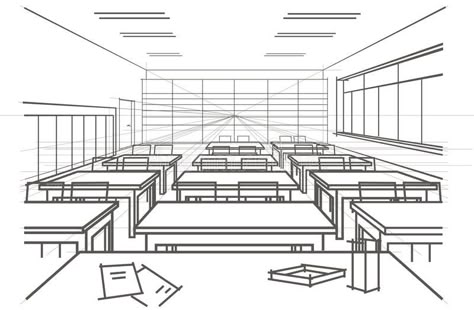 Classroom Sketch, Perspective Illustration, Classroom Architecture, Classroom Interior, School Drawing, Perspective Sketch, Perspective Drawing Architecture, Perspective Drawing Lessons, One Point Perspective