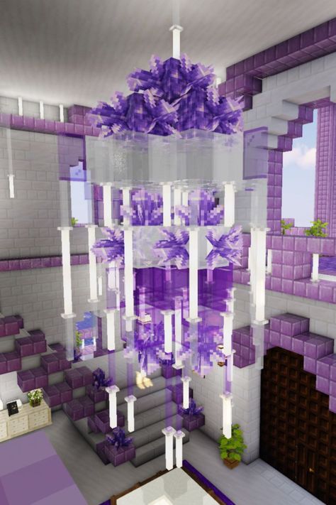 Minecraft Amethyst, Minecraft Mansion Tutorial, Minecraft Chandelier, House Chandelier, Corridor Office, House Mansion, Interior Detailing, Minecraft Mansion, Minecraft Interior Design