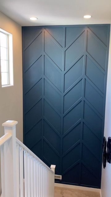 Accent Luxury Wall Designers on Instagram: "The Timeless Herringbone Design #accentartcreators #homedecor #home #decor #closet #art #paradisevalley #trimwork #boardandbatten #masterbedroom #interiordesign #wainscoting #homerenovation #homeremodel #homedesign #elegant #bedroomdecor #accentwall #accentwallideas #kitchen #realestate #millwork #kitchendecor #homeimprovement #scottsdale #phoenix #interiordesigner #fireplace #Cofferedceiling #ceilingdesign" Chevron Fireplace Wall, Stairs Accent Wall, Vaulted Ceiling Accent Wall, Stairs Wall Design Modern, Herringbone Painted Wall, Herringbone Feature Wall, Stairs Feature Wall, Paneled Accent Wall, Wainscotting Ideas